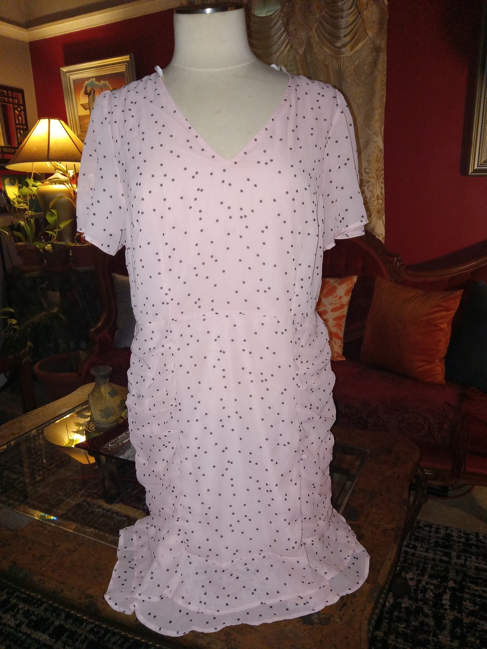 Emma & Michele Light Pink Polka Dot V-Neck Midi Dress